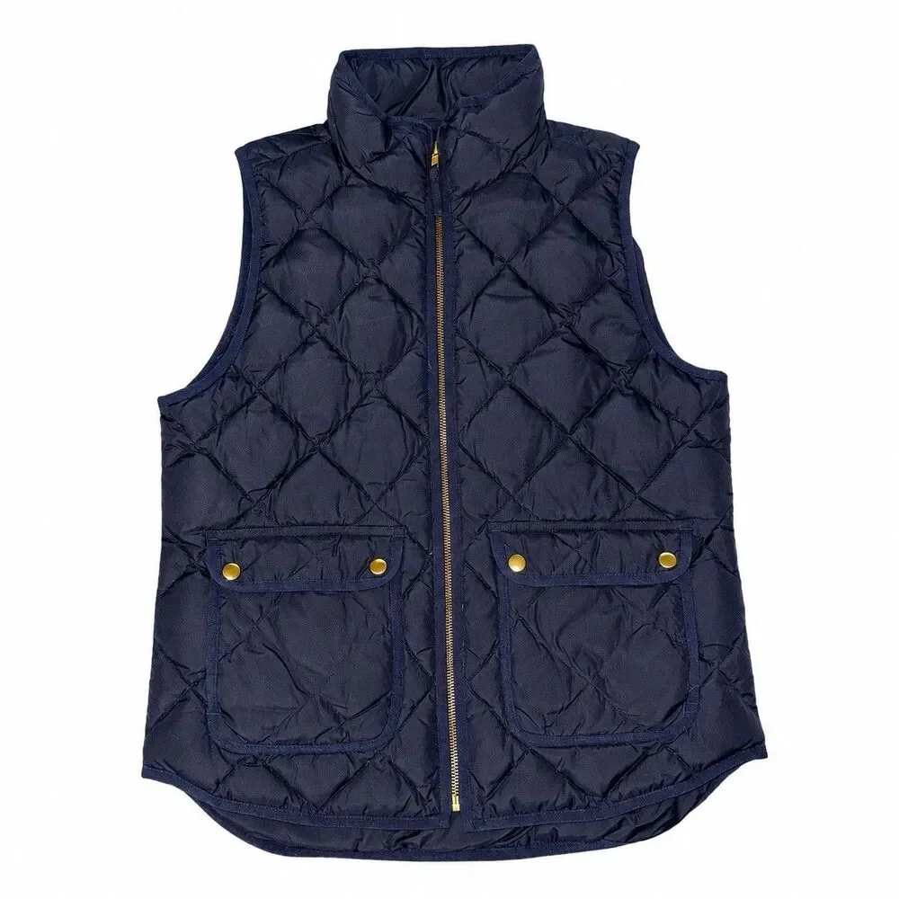 J Crew Womens M Navy Quilted Down Puffer Vest Gold Zip Snap Pockets - Picture 2 of 5